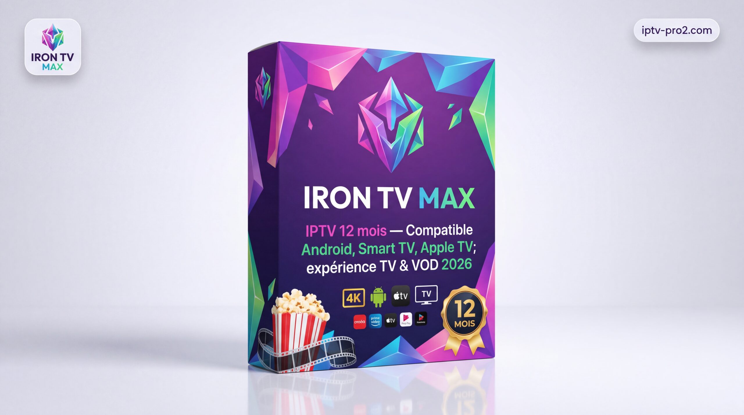 Image produit premium - Iron TV Max IPTV 12 mois — Compatible Android, Smart TV, Apple TV; expérience TV & VOD 2026